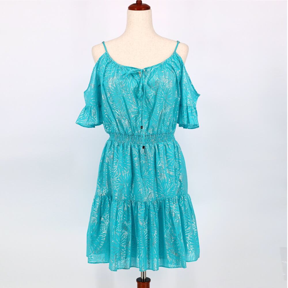 Michael Kors Women Foil Turquoise Cotton Cold-Shoulder Ruffle Mini Dress Size S